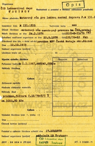 Rozhodnutí a protokol o likvidaci základních prostředků - M131.1531